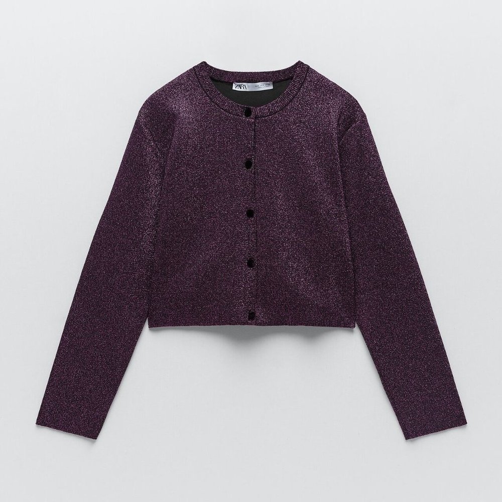 NWT Zara Size S Purple Shiny Knit Jacket - Picture 3 of 3